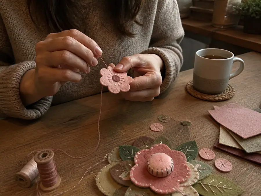 Hands stitching a felt flower