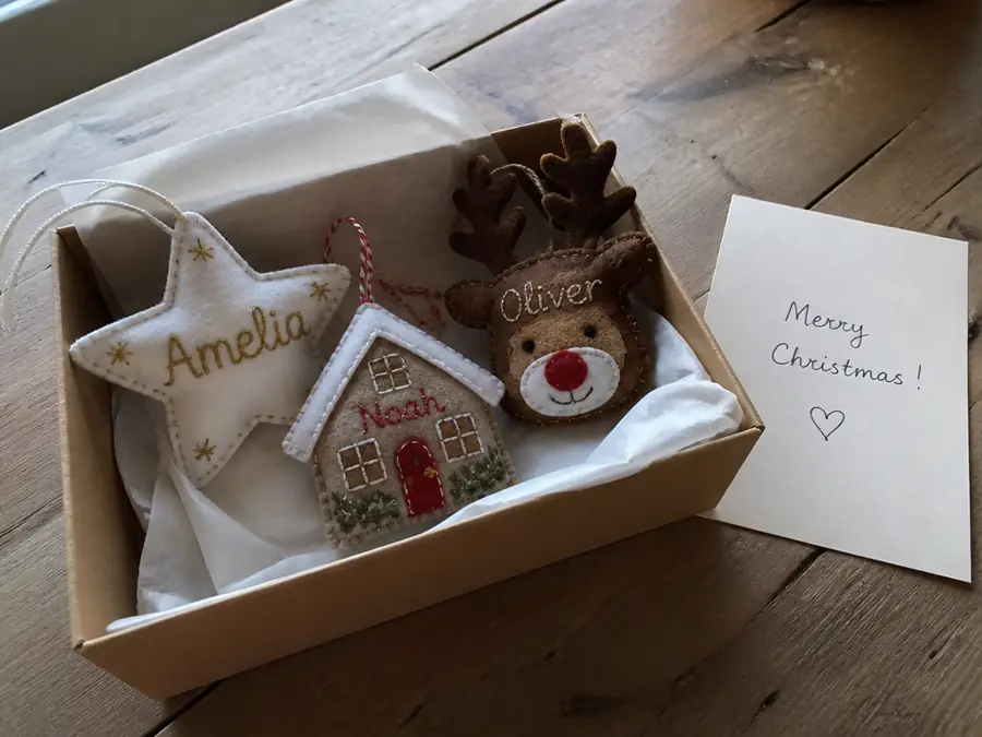 Felt name ornaments in a gift box