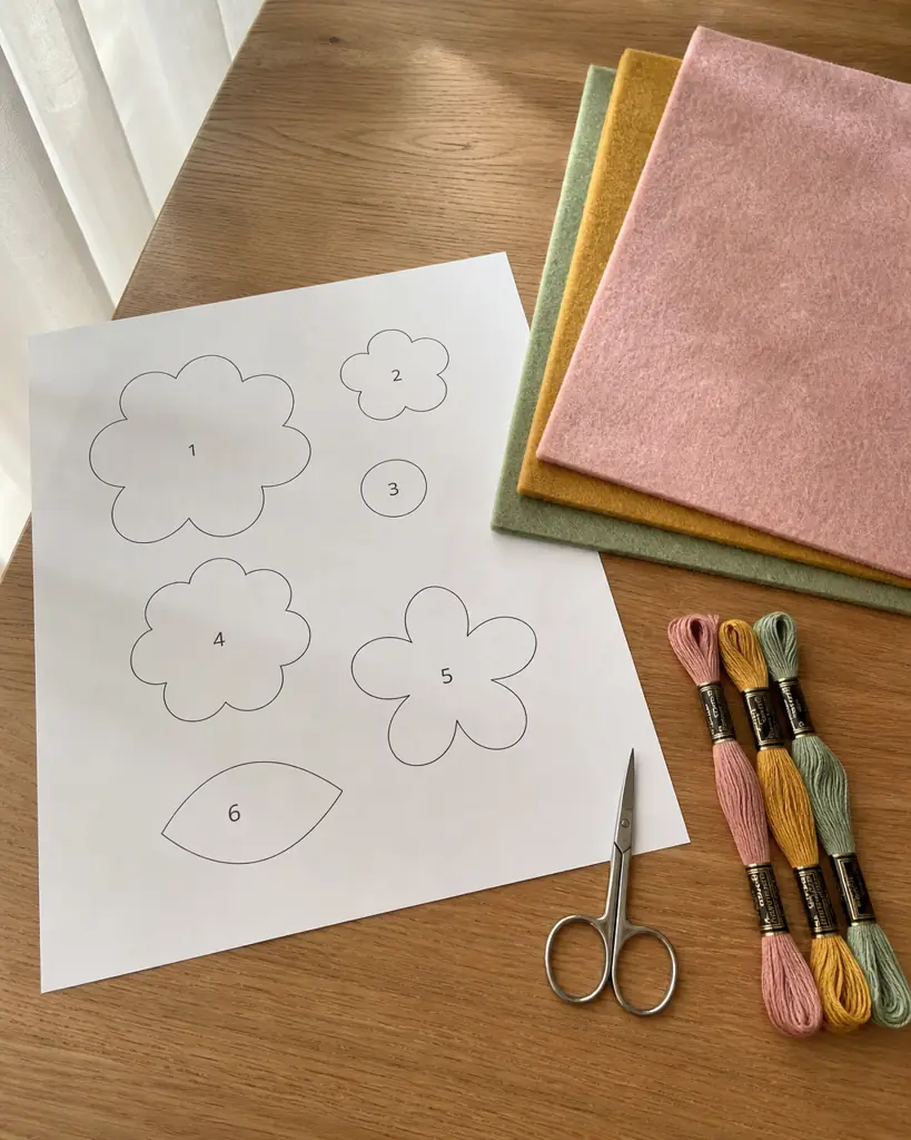 Printed felt flower pattern with felt sheets, scissors and thread
